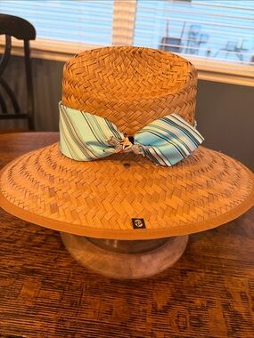 Riata Woven Straw Sun Hat with Aqua Striped Bow